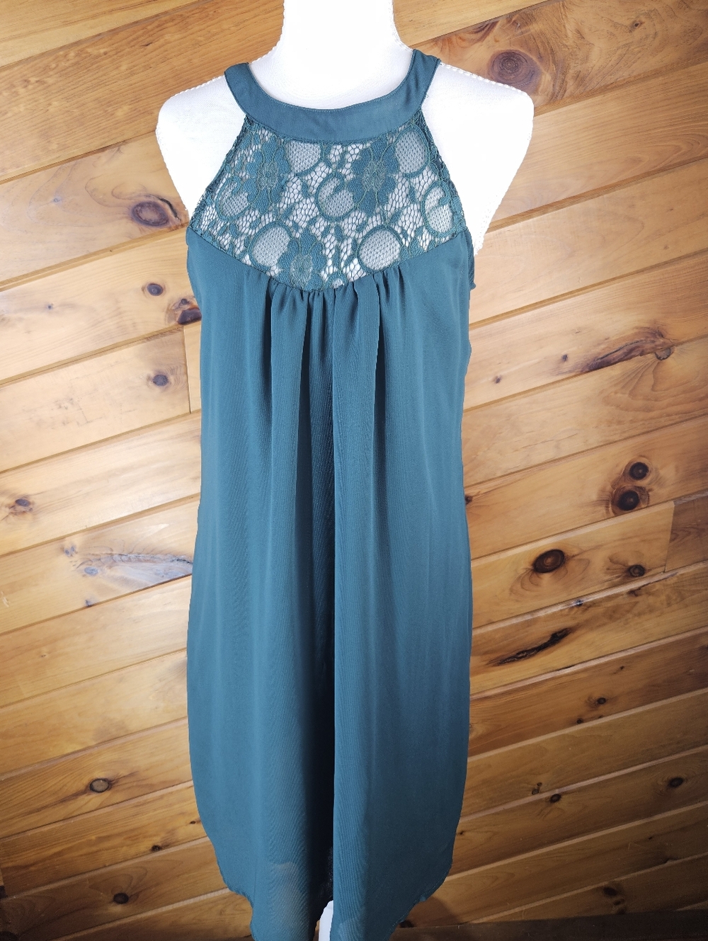 Dreagal Teal Lace Yoke Halter Dress. Size M
